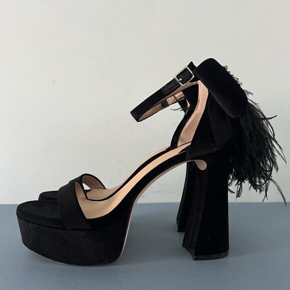Antonio Melani Janie Black Velvet Rhinestone Bow Feather Platform Dress Sandals - Picture 6 of 8